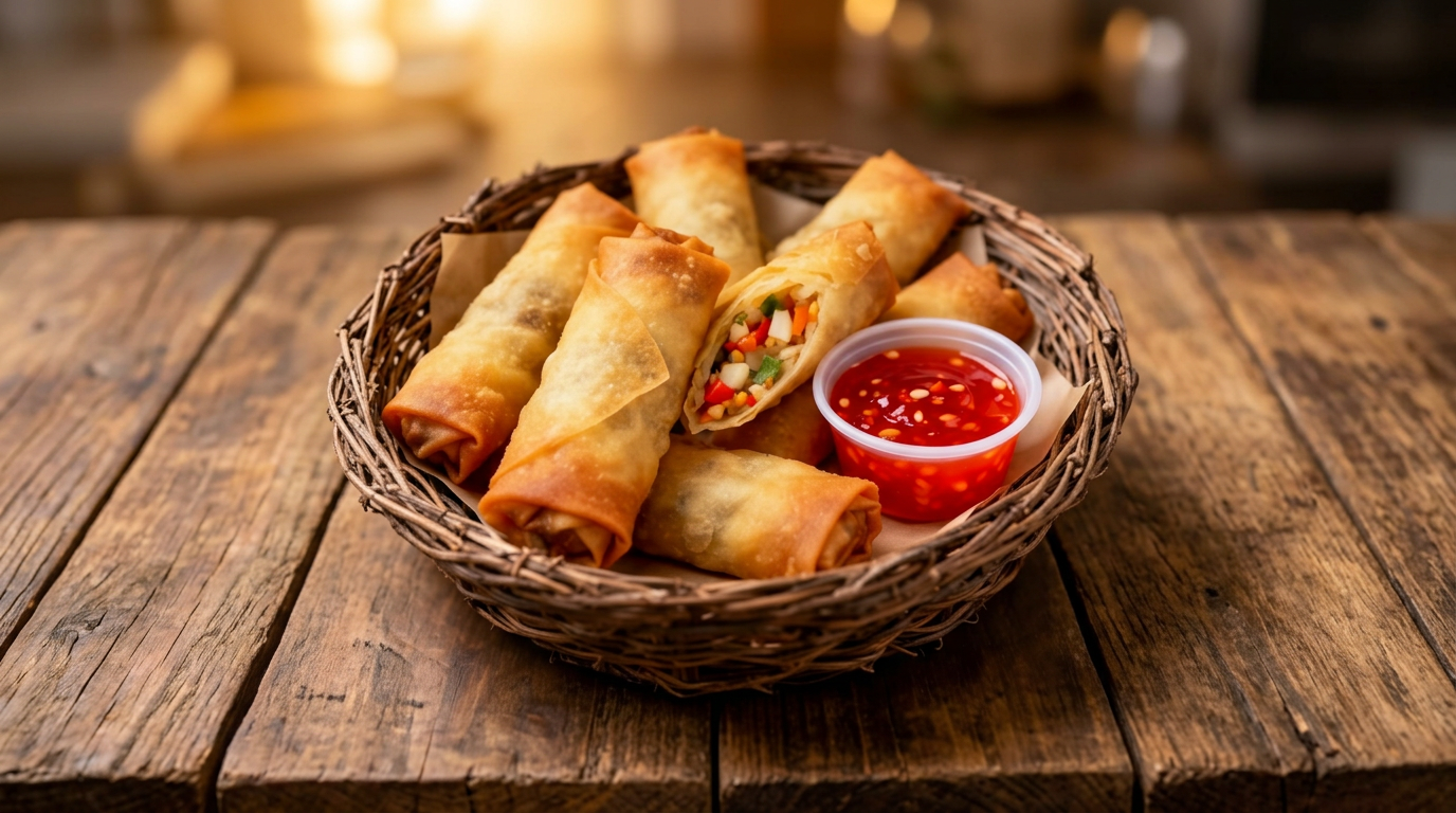 Crispy lumpia in pandan basket